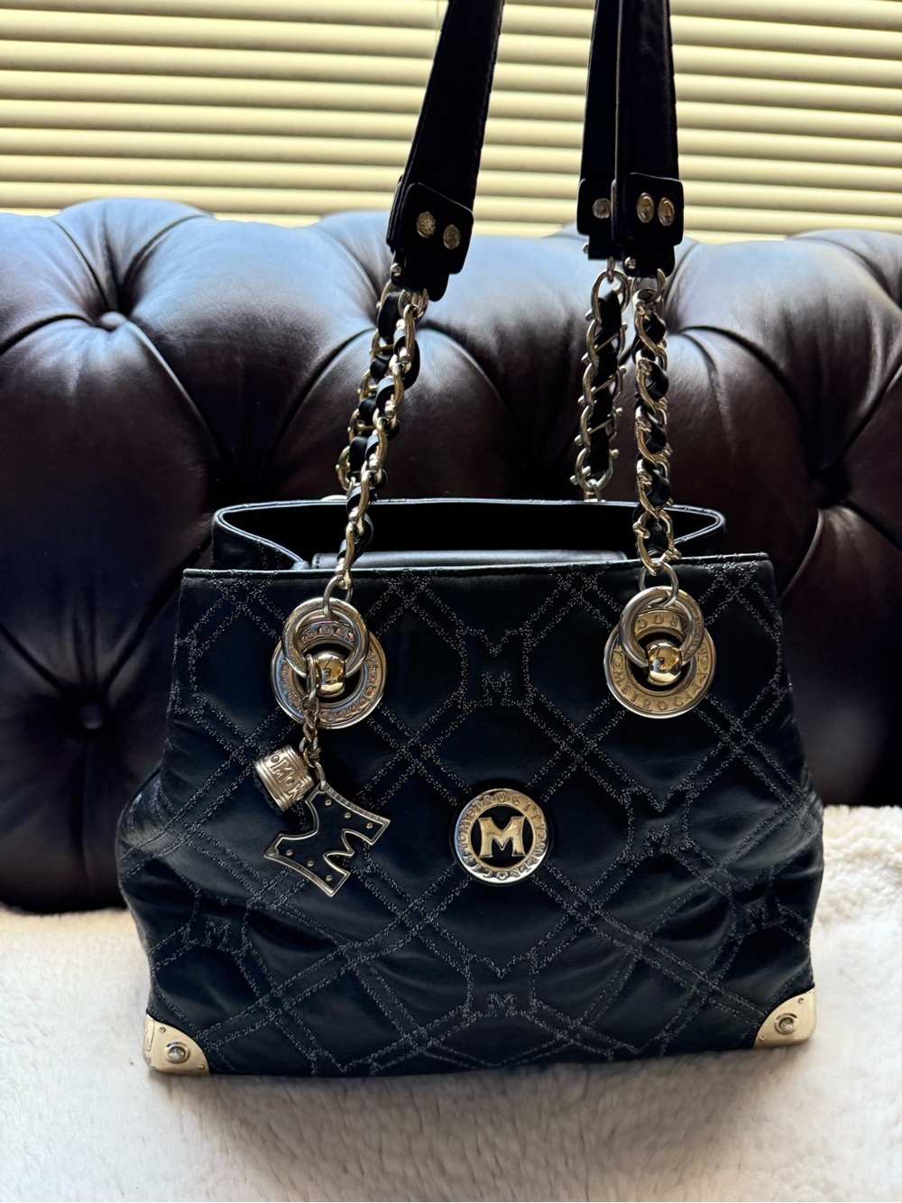 Metro city Monogram Quilted Black Chain-Handle Nag with Metallic Stitch GUC
